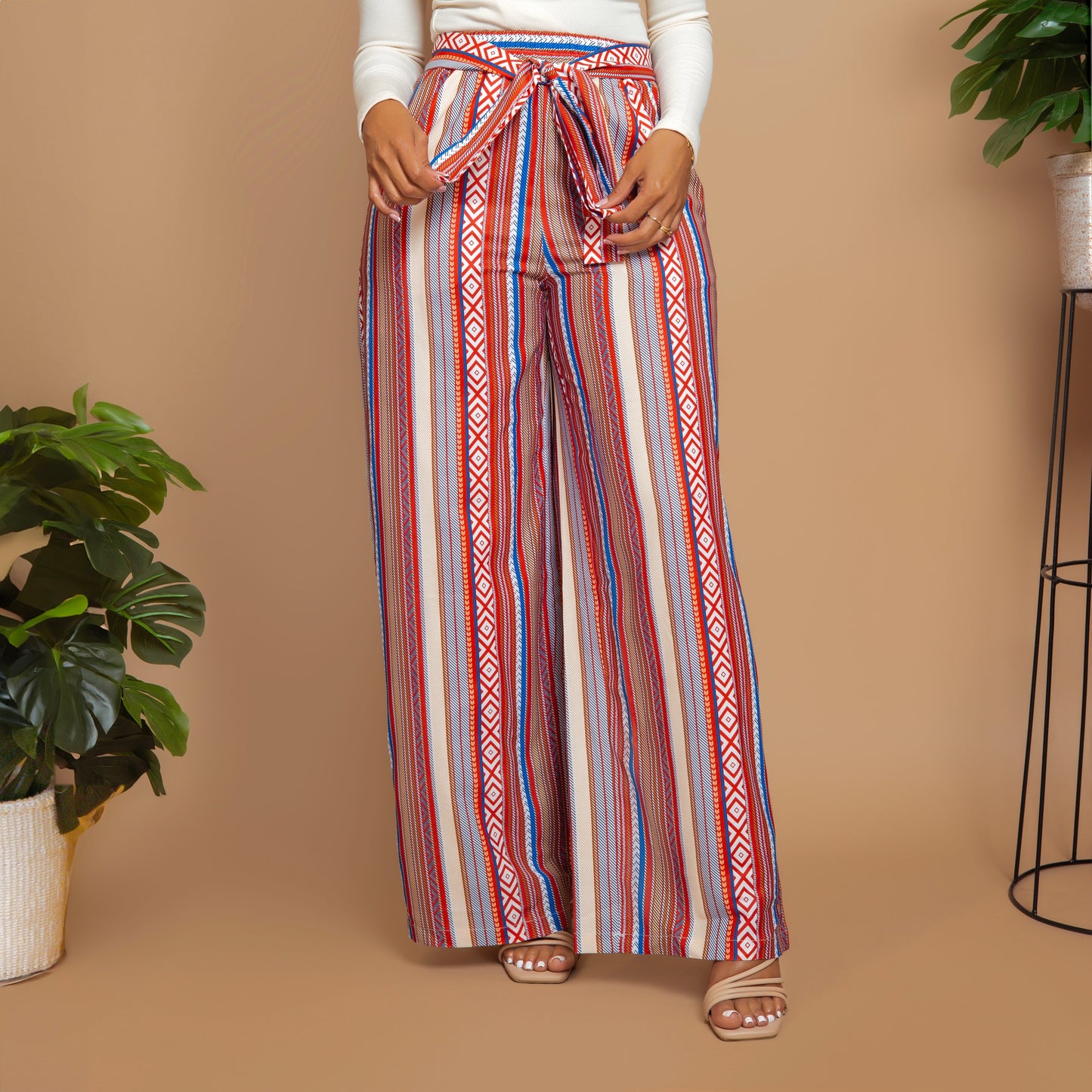 Red Boho Print Tie Waist Palazzo Pants