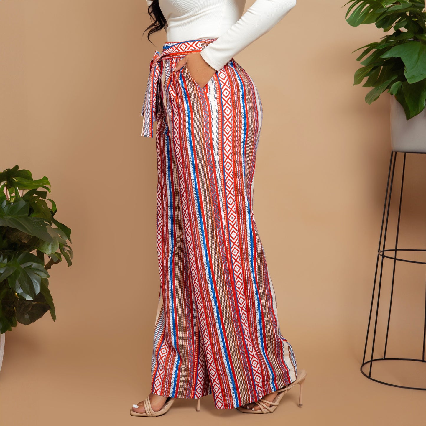 Red Boho Print Tie Waist Palazzo Pants