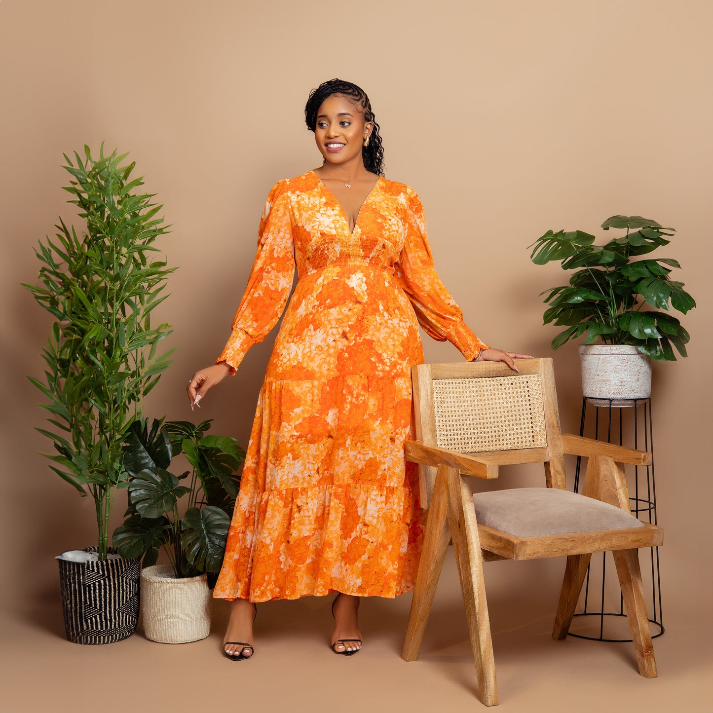 Orange Floral V Neck Maxi Dress