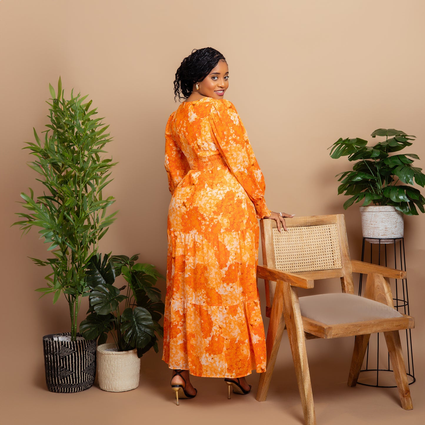 Orange Floral V Neck Maxi Dress