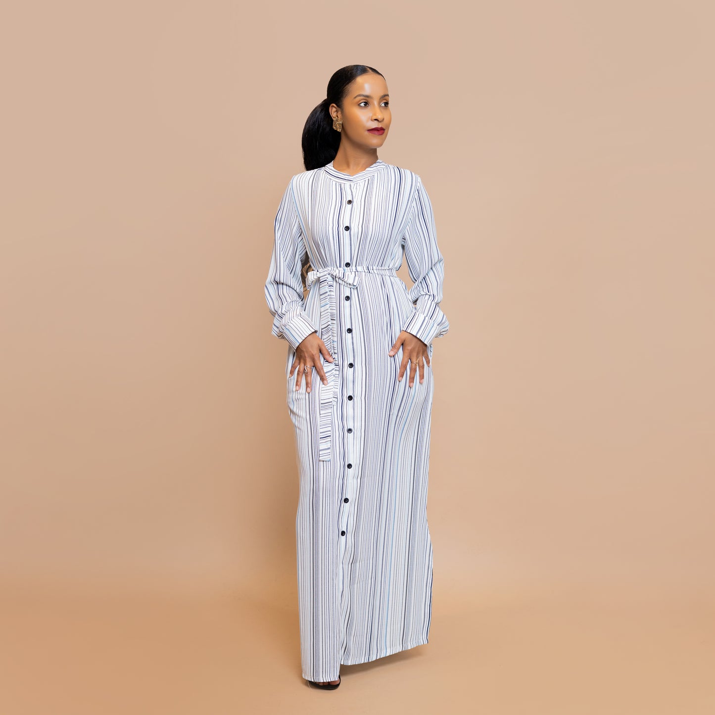 Button-Down Maxi Dress with Belt - Powder Blue Stripe