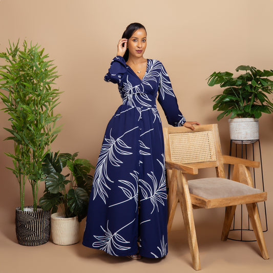 Navy Blue Print V Neck Shirred Maxi Dress