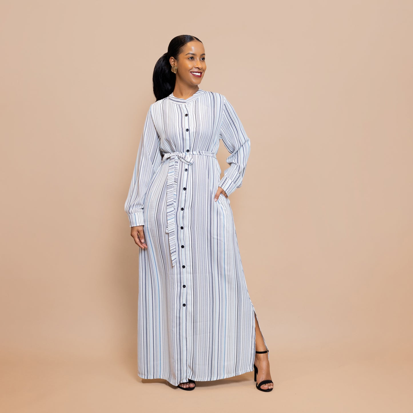 Button-Down Maxi Dress with Belt - Powder Blue Stripe