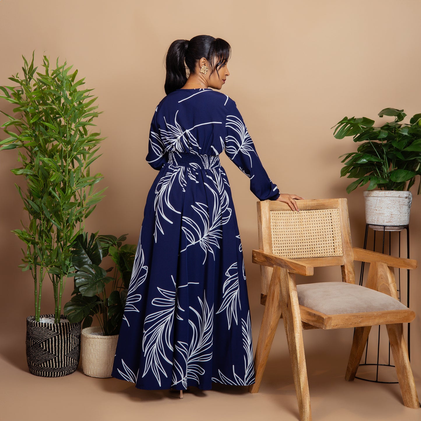 Navy Blue Print V Neck Shirred Maxi Dress