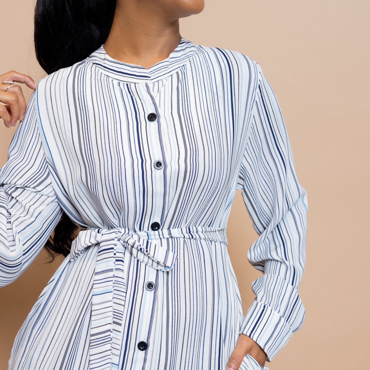 Button-Down Maxi Dress with Belt - Powder Blue Stripe