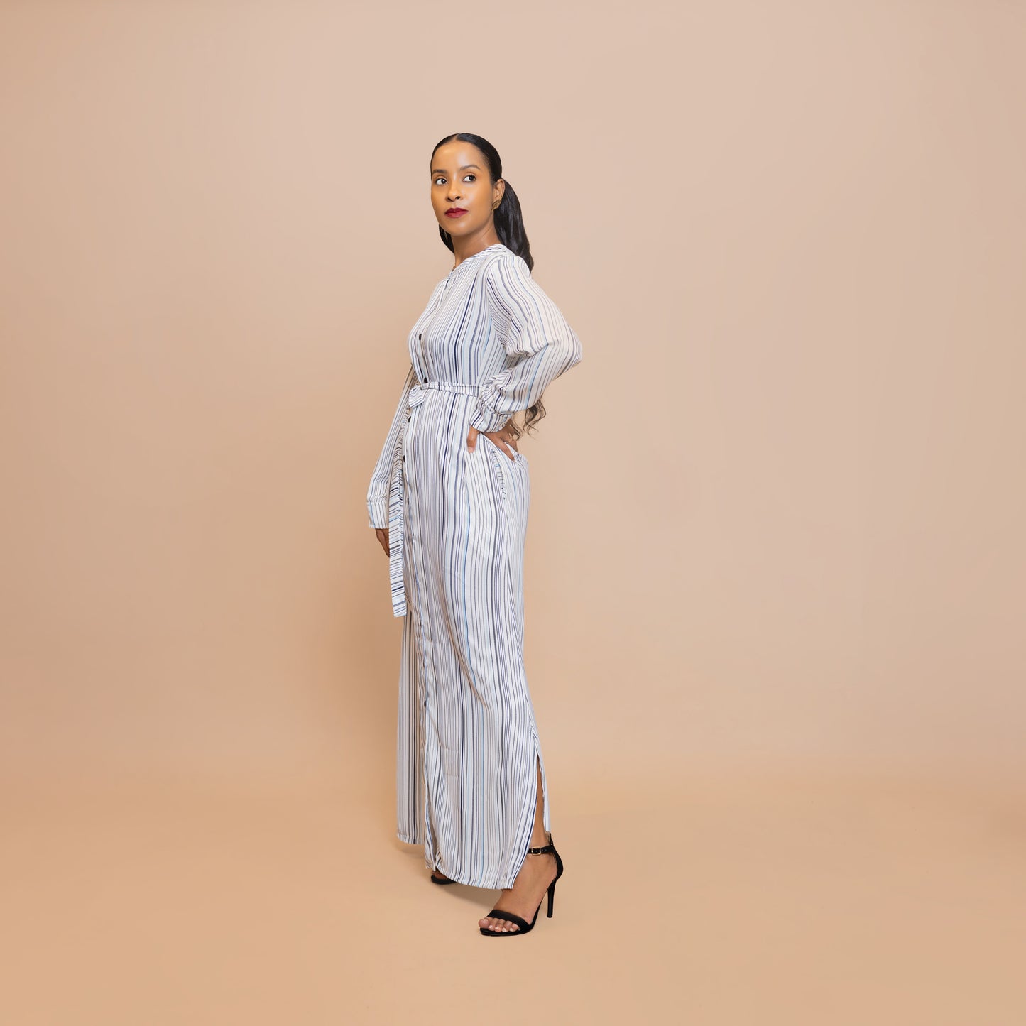 Button-Down Maxi Dress with Belt - Powder Blue Stripe