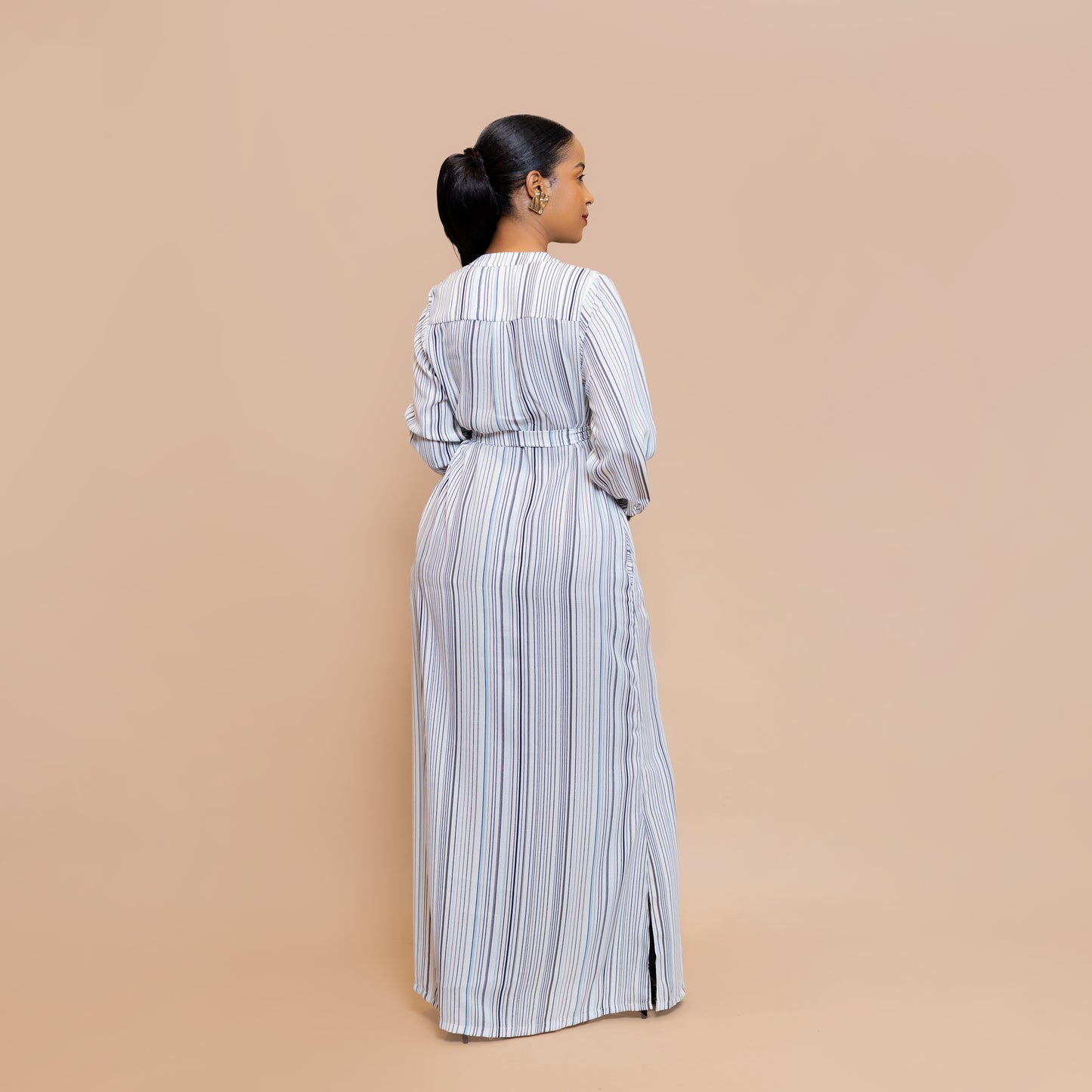 Button-Down Maxi Dress with Belt - Powder Blue Stripe