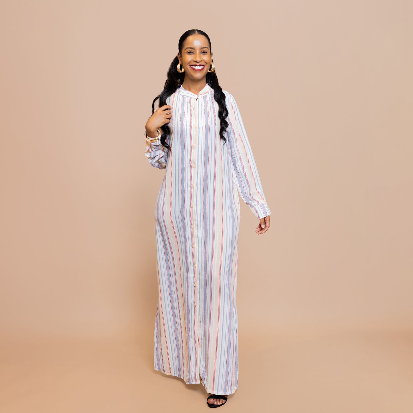 Button-Down Maxi Dress with Belt - Candy Pinstripes