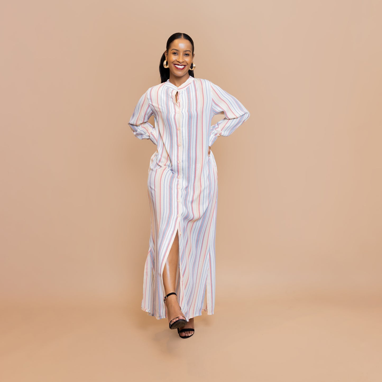 Button-Down Maxi Dress with Belt - Candy Pinstripes
