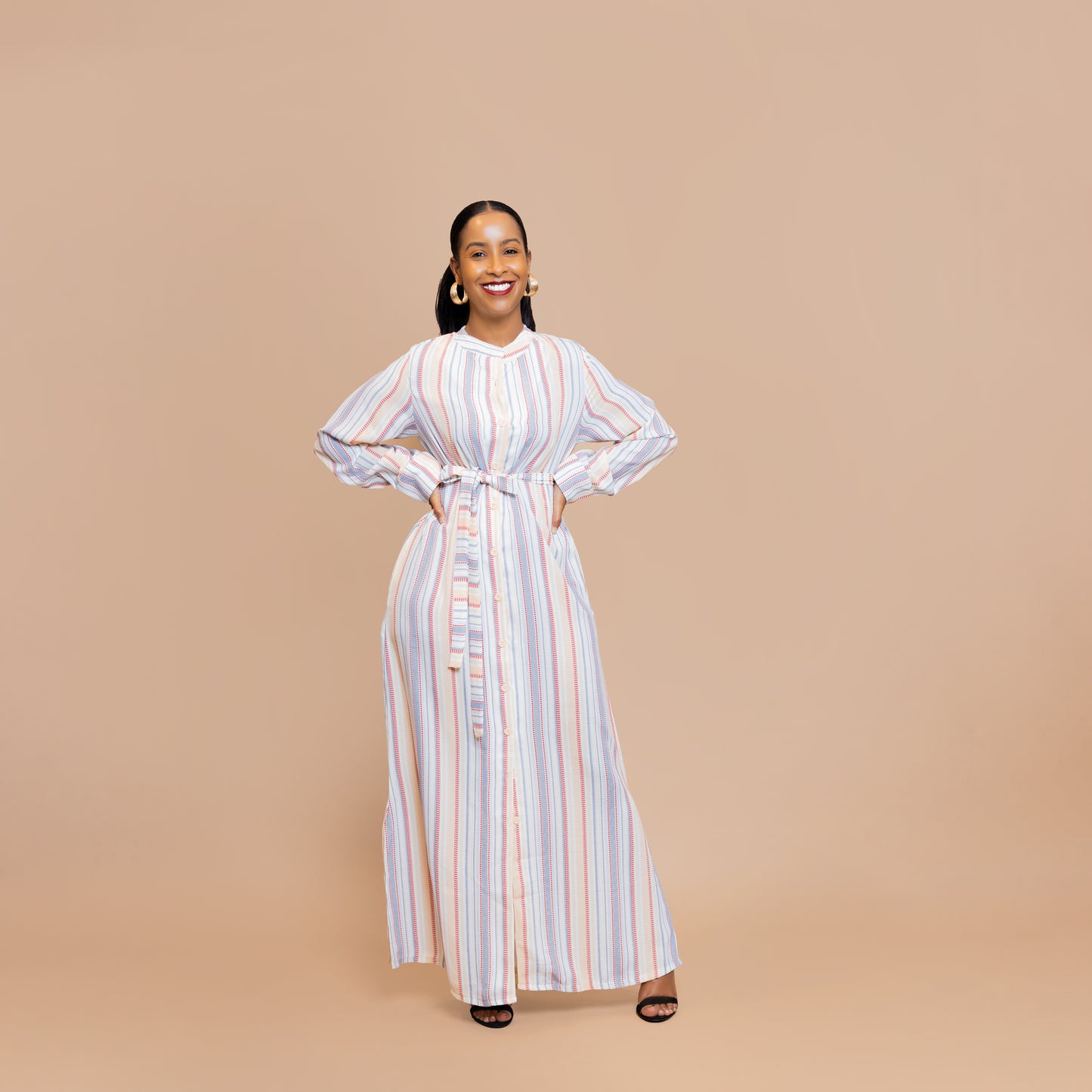 Button-Down Maxi Dress with Belt - Candy Pinstripes