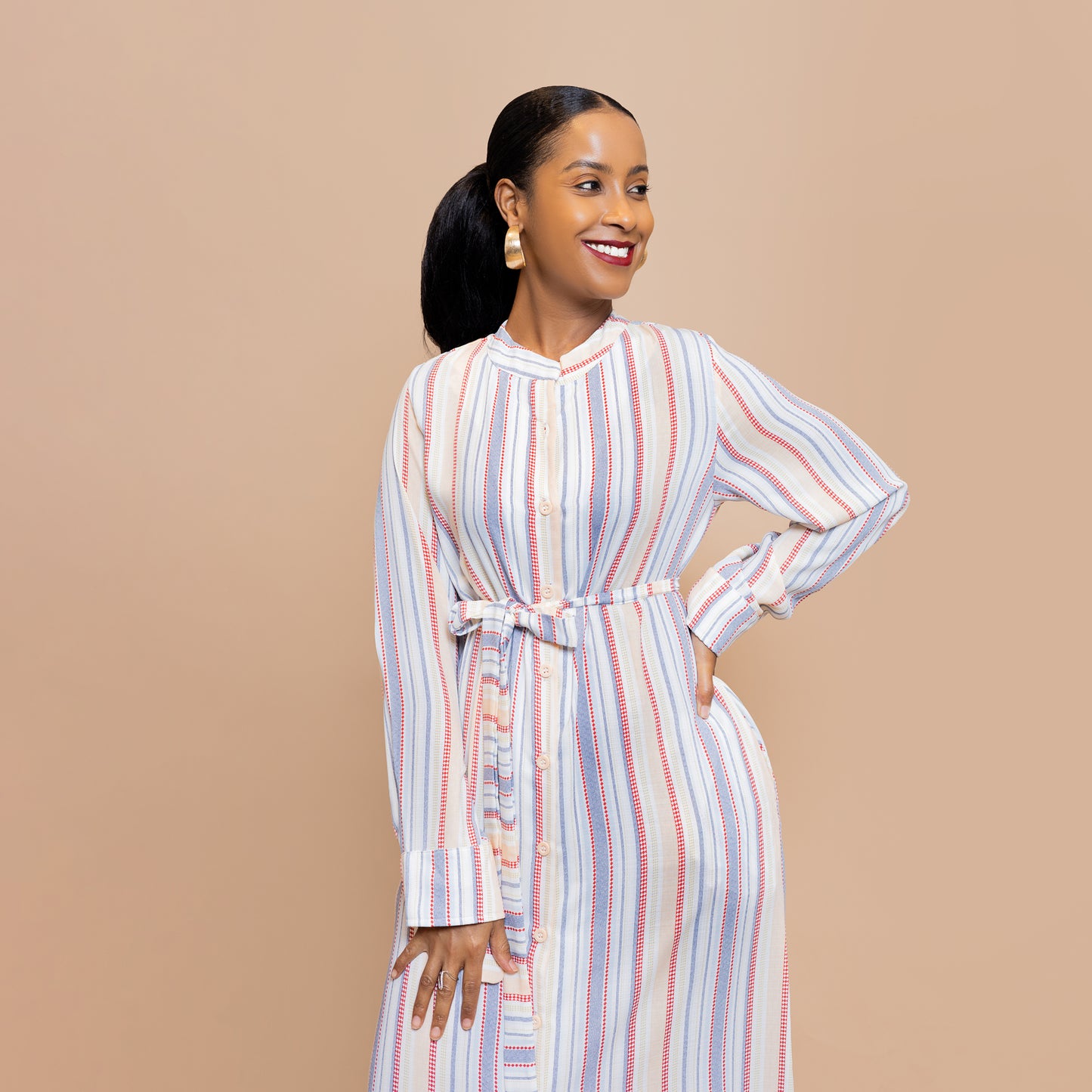 Button-Down Maxi Dress with Belt - Candy Pinstripes