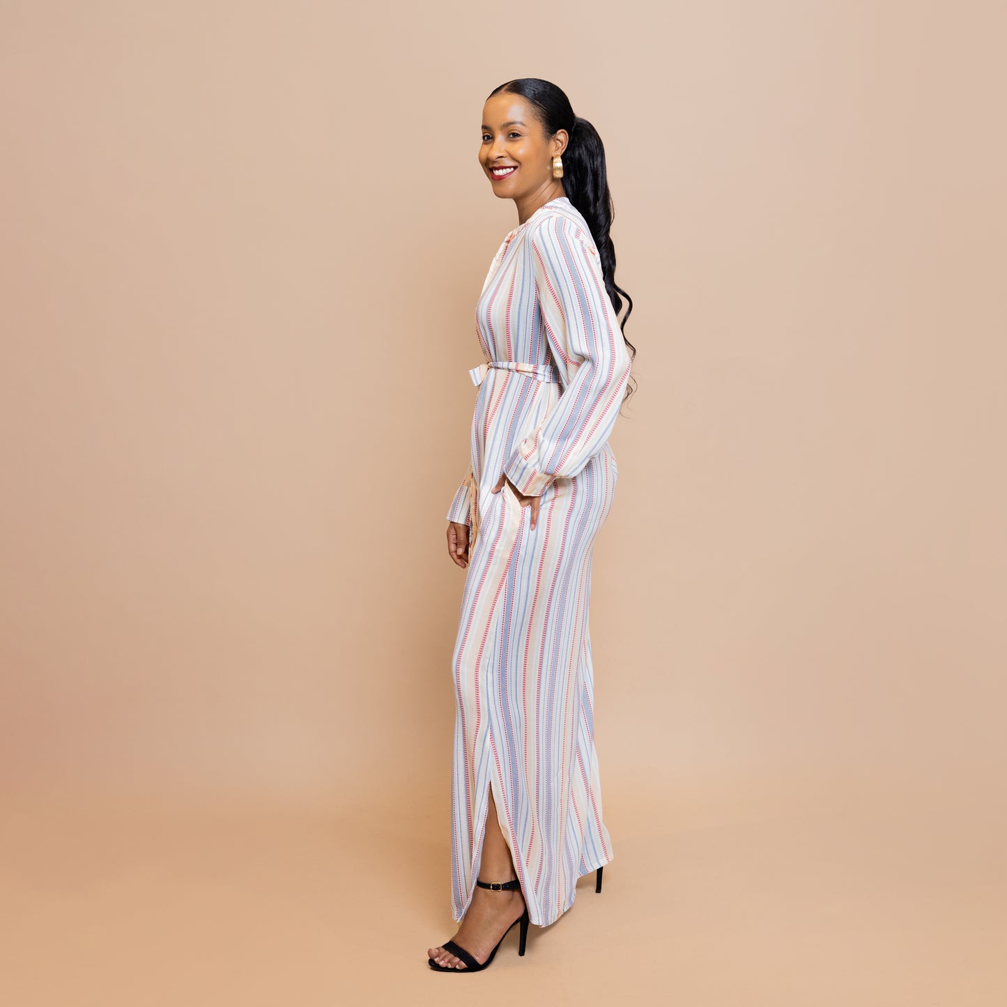 Button-Down Maxi Dress with Belt - Candy Pinstripes