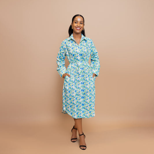 Classic Cotton Shirt Dress – Blue Floral