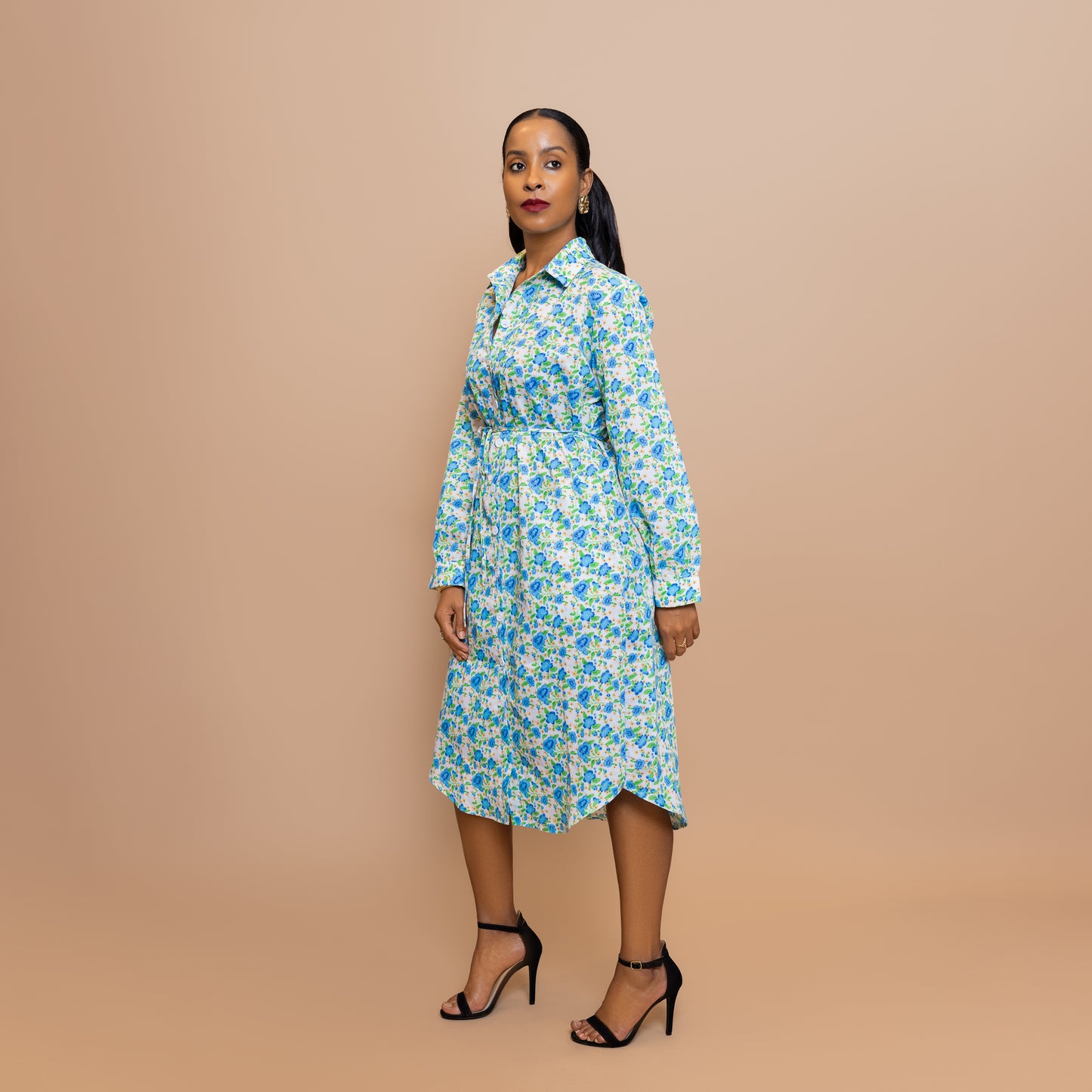 Classic Cotton Shirt Dress – Blue Floral