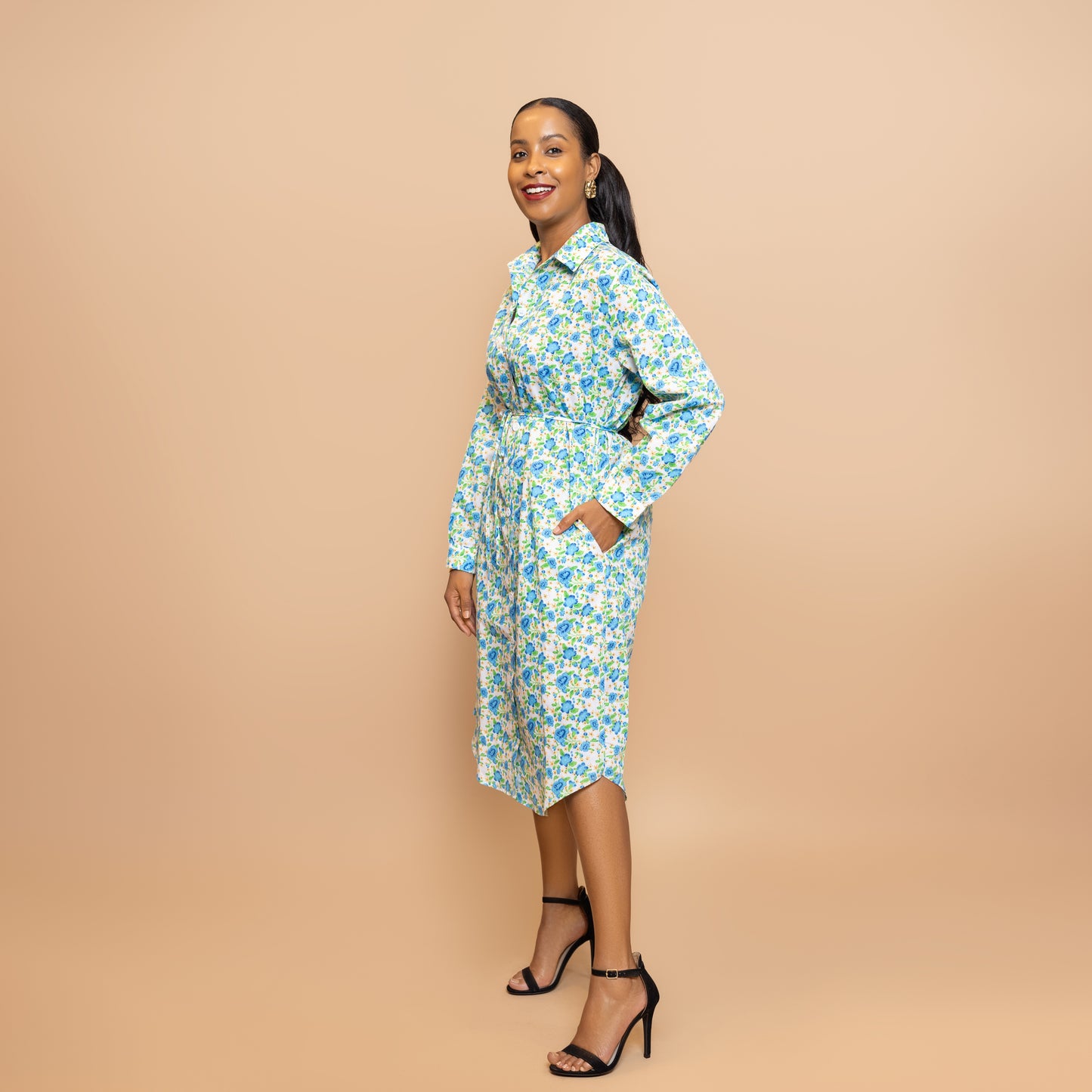 Classic Cotton Shirt Dress – Blue Floral