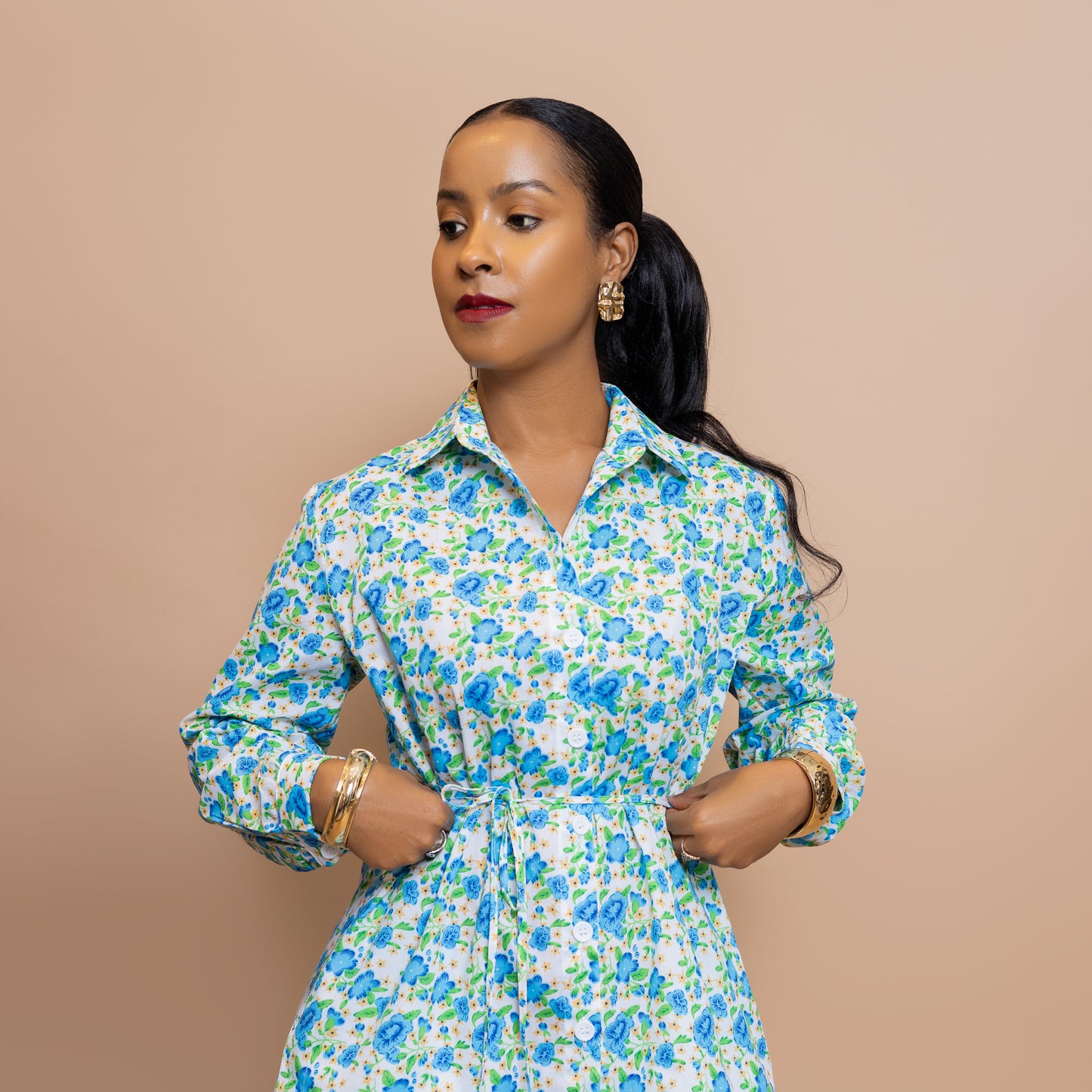 Classic Cotton Shirt Dress – Blue Floral