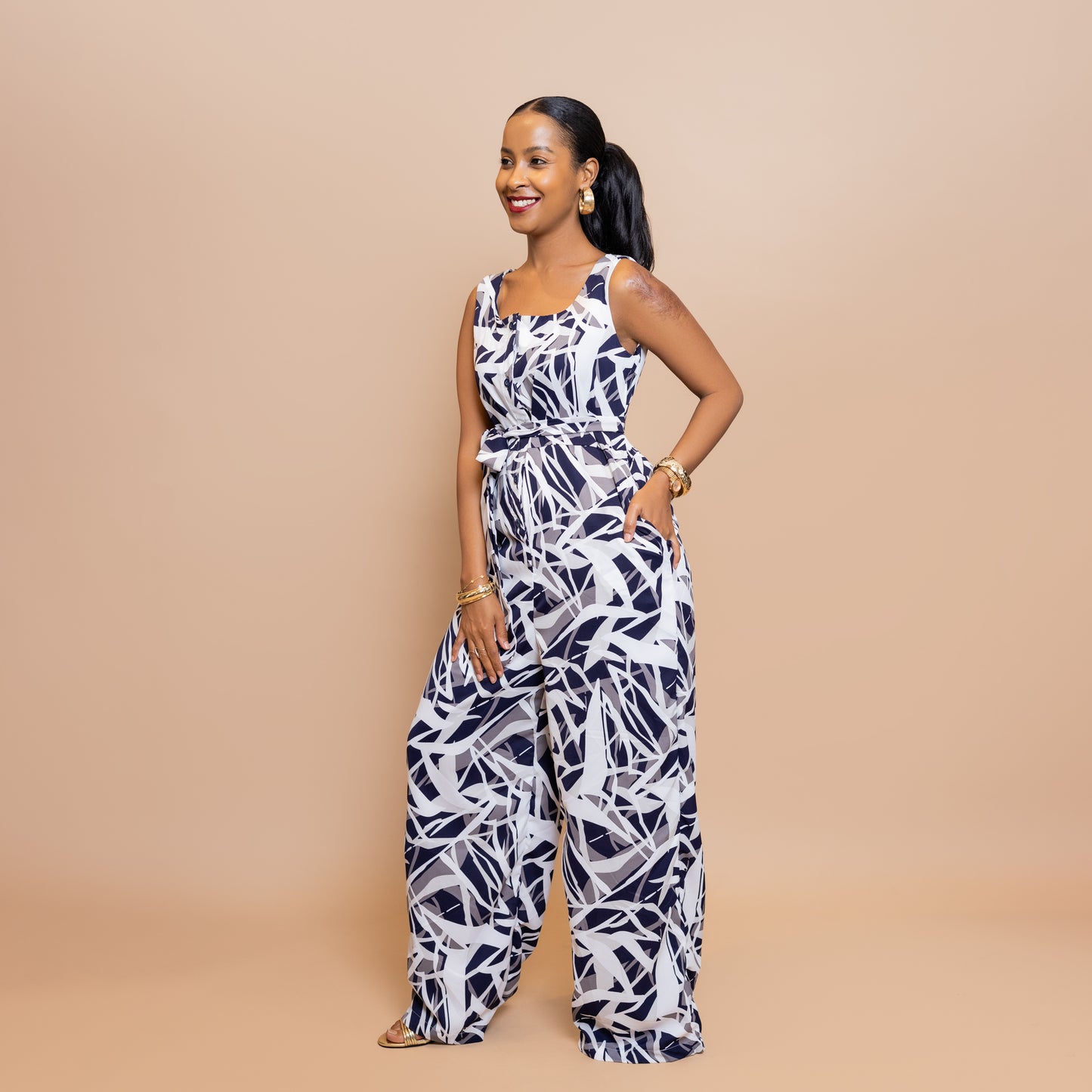 Sleeveless Wide-Leg Belted Jumpsuit - Blue