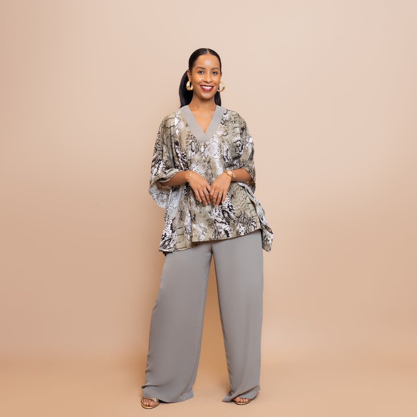 Two-Piece Set with Contrast Trim - Sandstone Snake Print
