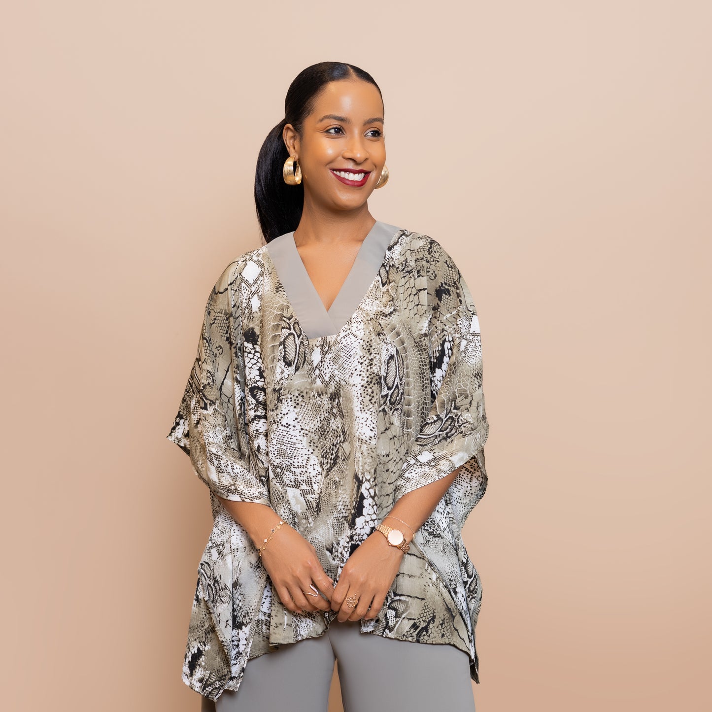 Two-Piece Set with Contrast Trim - Sandstone Snake Print
