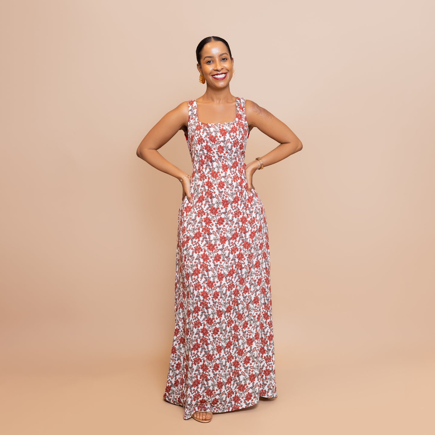 Square-Neck Maxi Dress - Floral Red