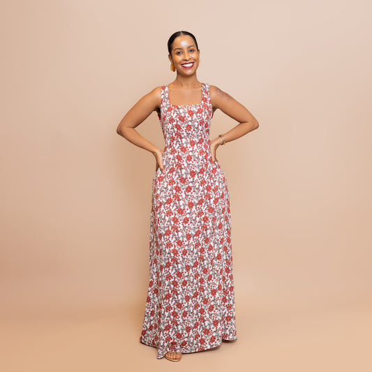 Square-Neck Maxi Dress - Floral Red
