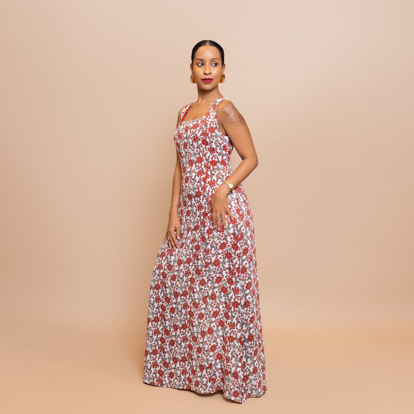 Square-Neck Maxi Dress - Floral Red