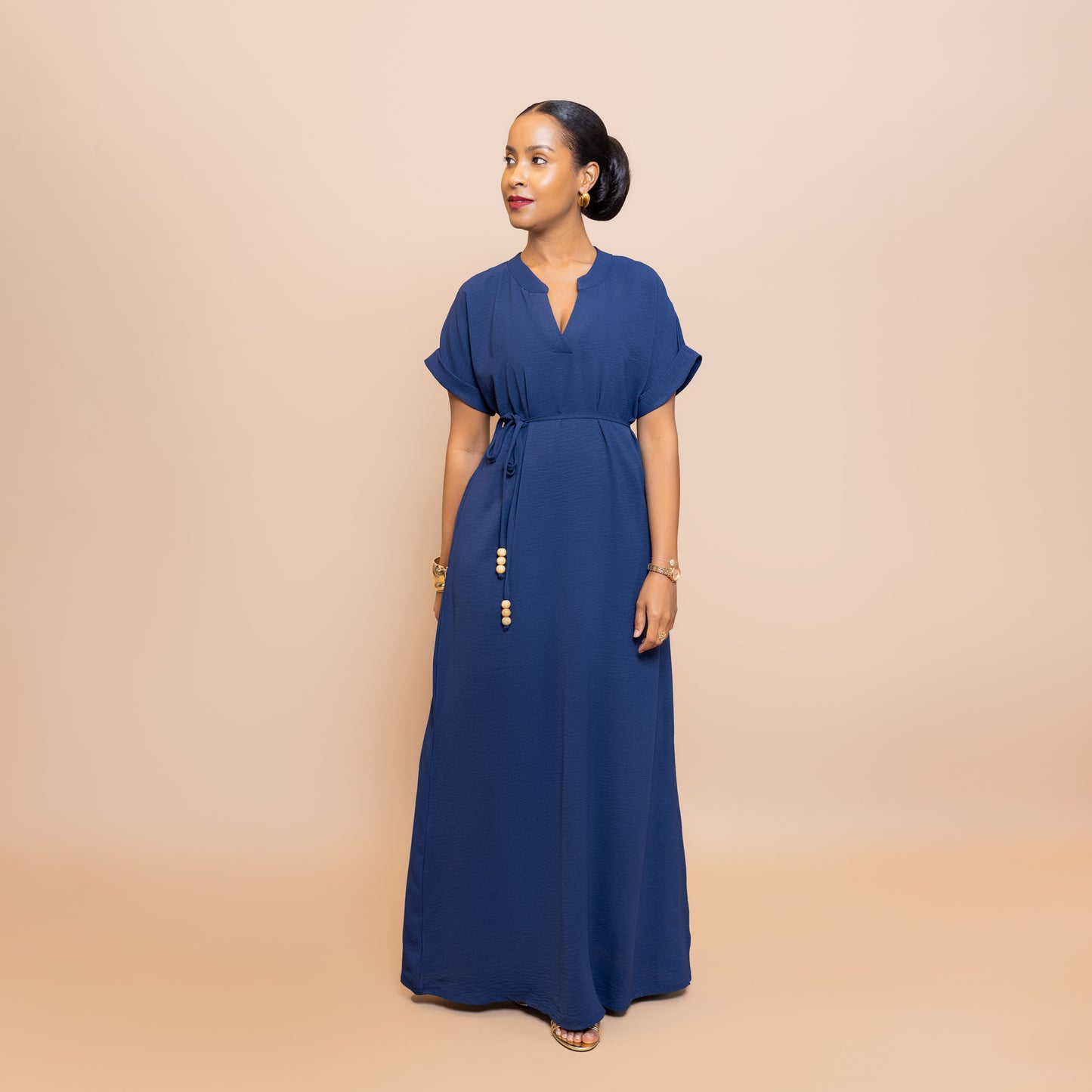Maxi Dress with Beaded Tie Belt - Navy Blue