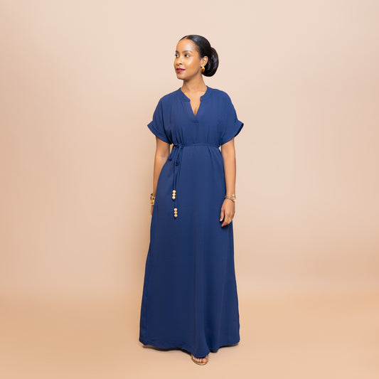 Maxi Dress with Beaded Tie Belt - Navy Blue