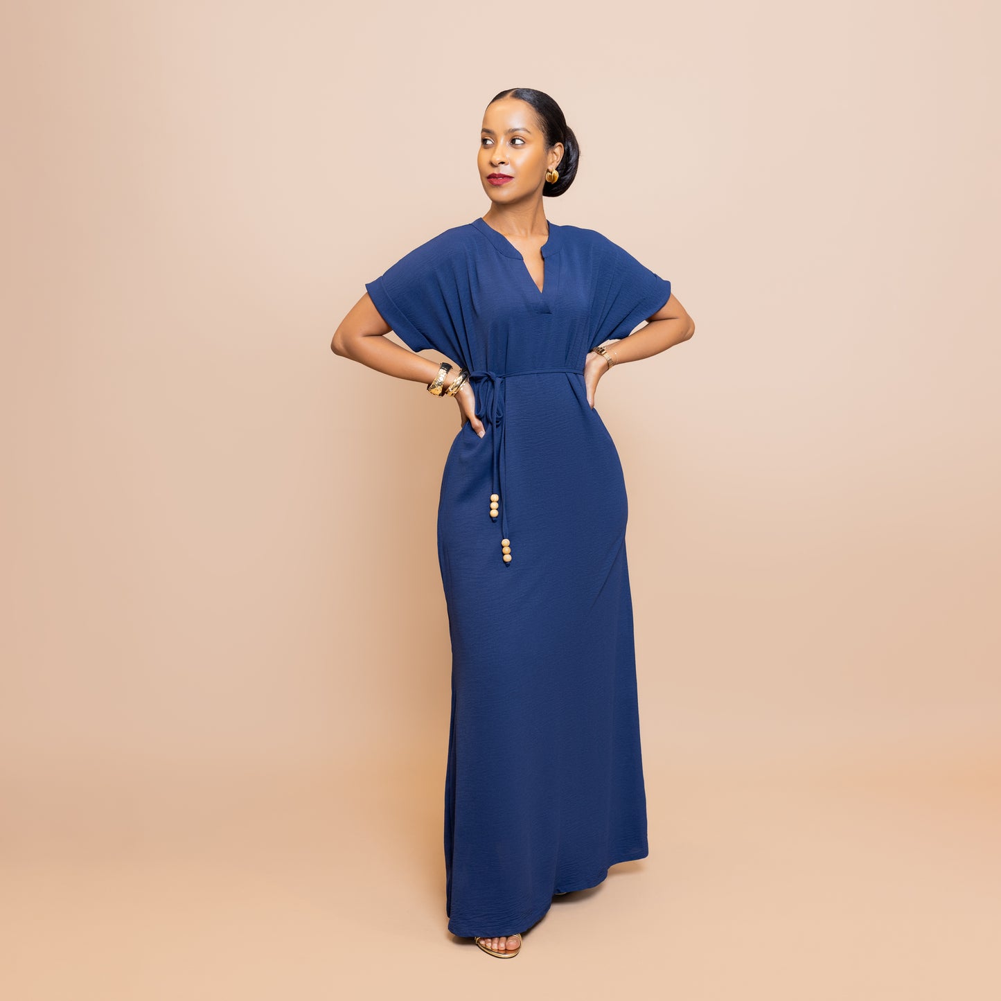 Maxi Dress with Beaded Tie Belt - Navy Blue