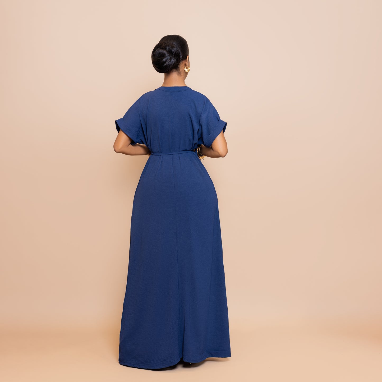 Maxi Dress with Beaded Tie Belt - Navy Blue