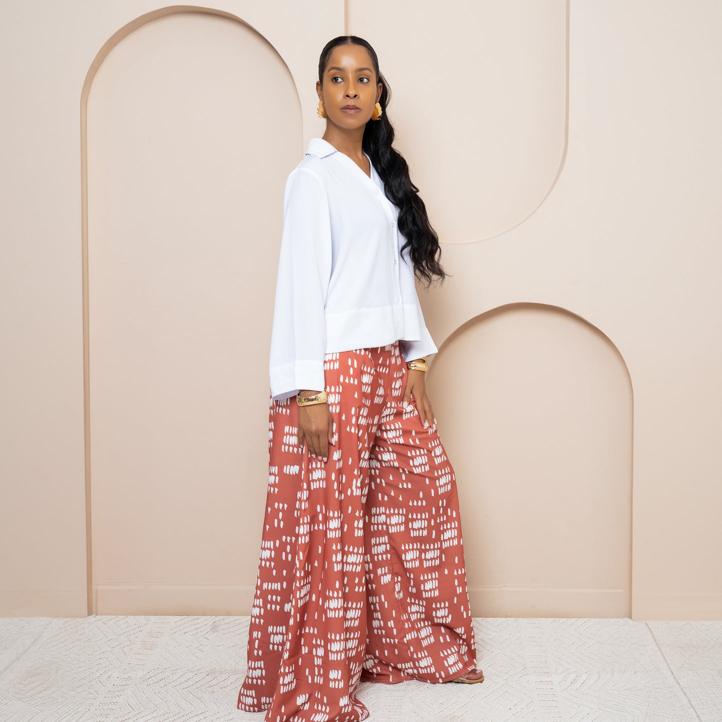 Long Sleeve Buttoned Blouse + Ultra Flowy Wide Leg Pants