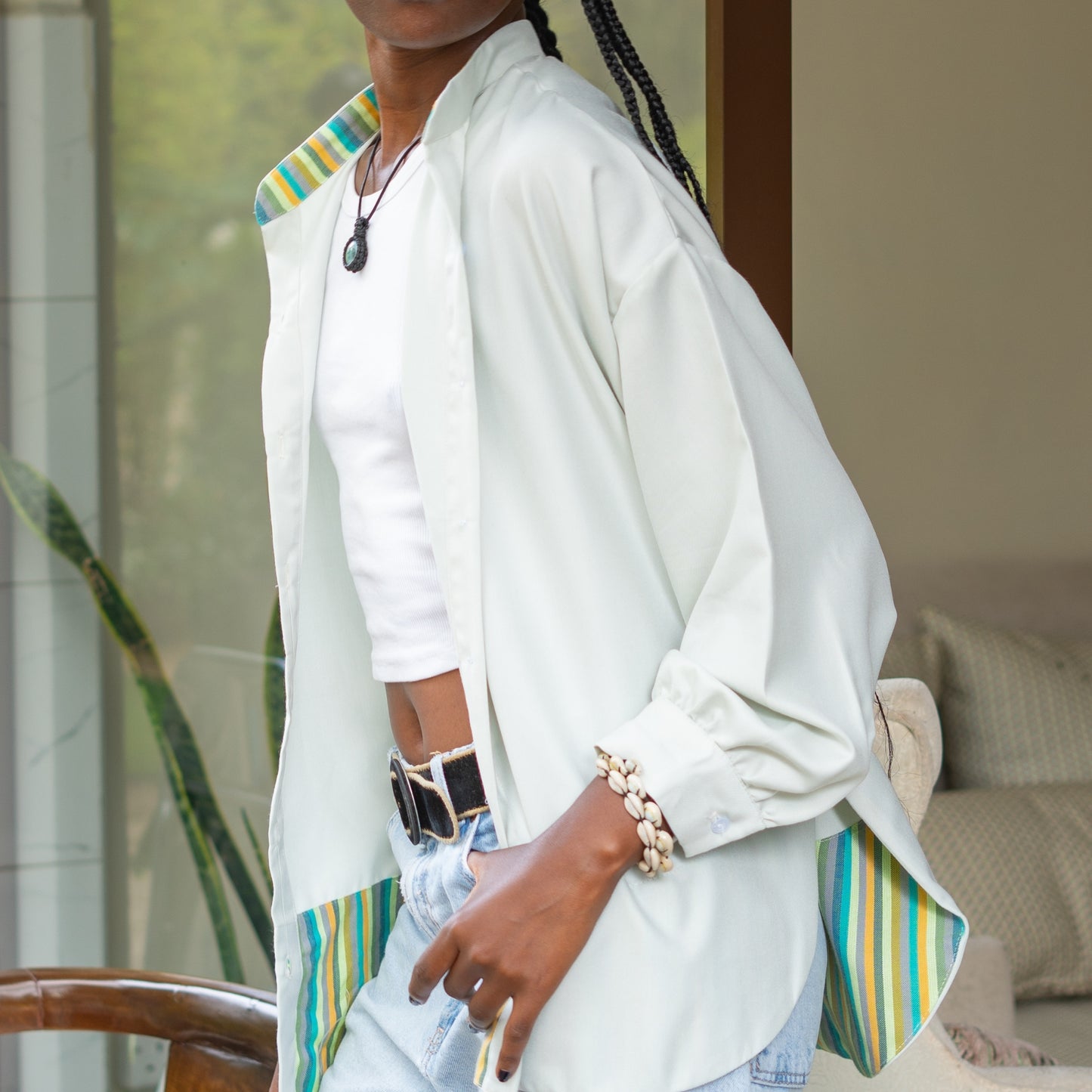 Classic Oversize Shirt with Contrast Panel - Soft Sage