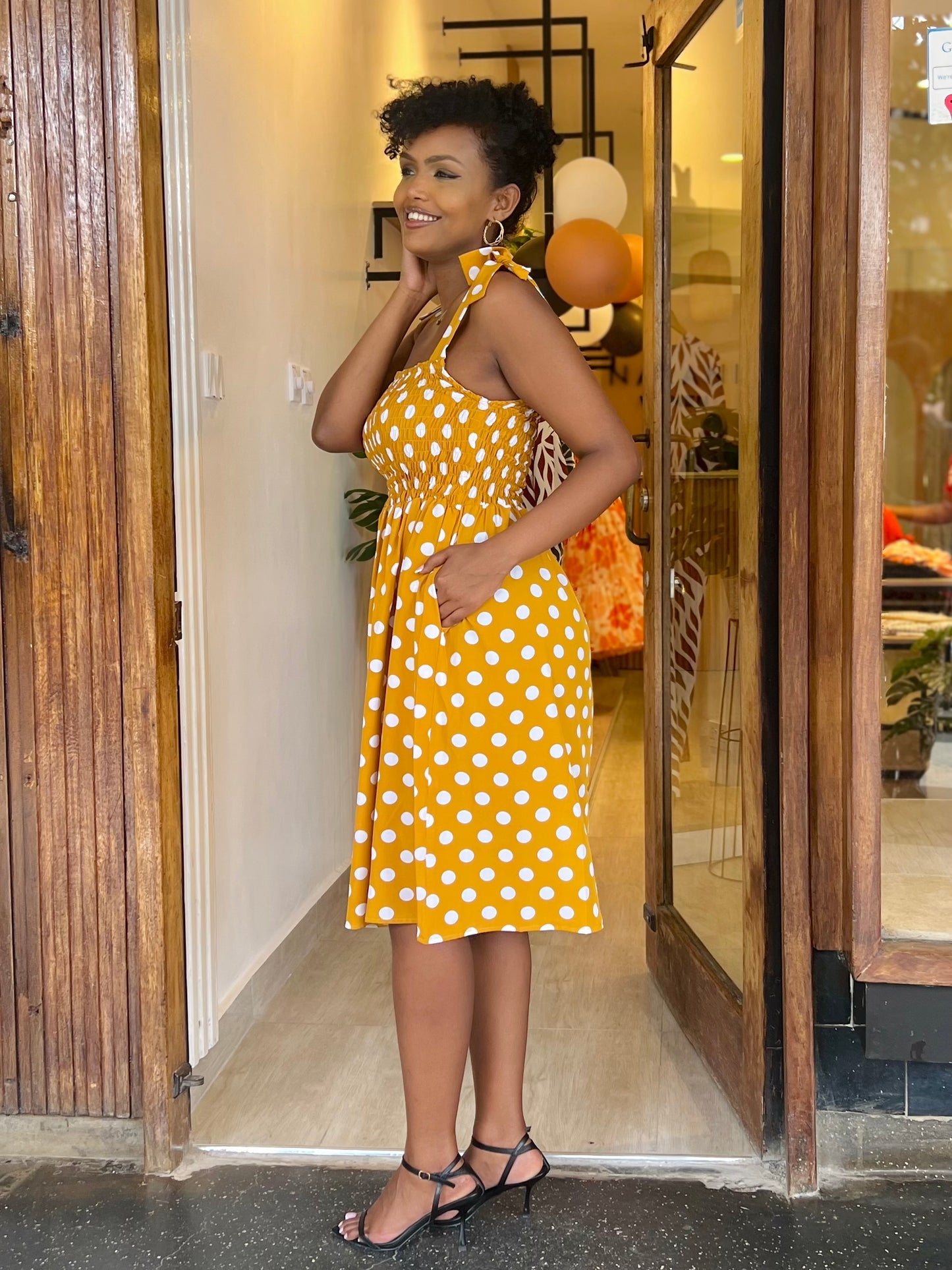 Mustard Polka Dot Midi Dress