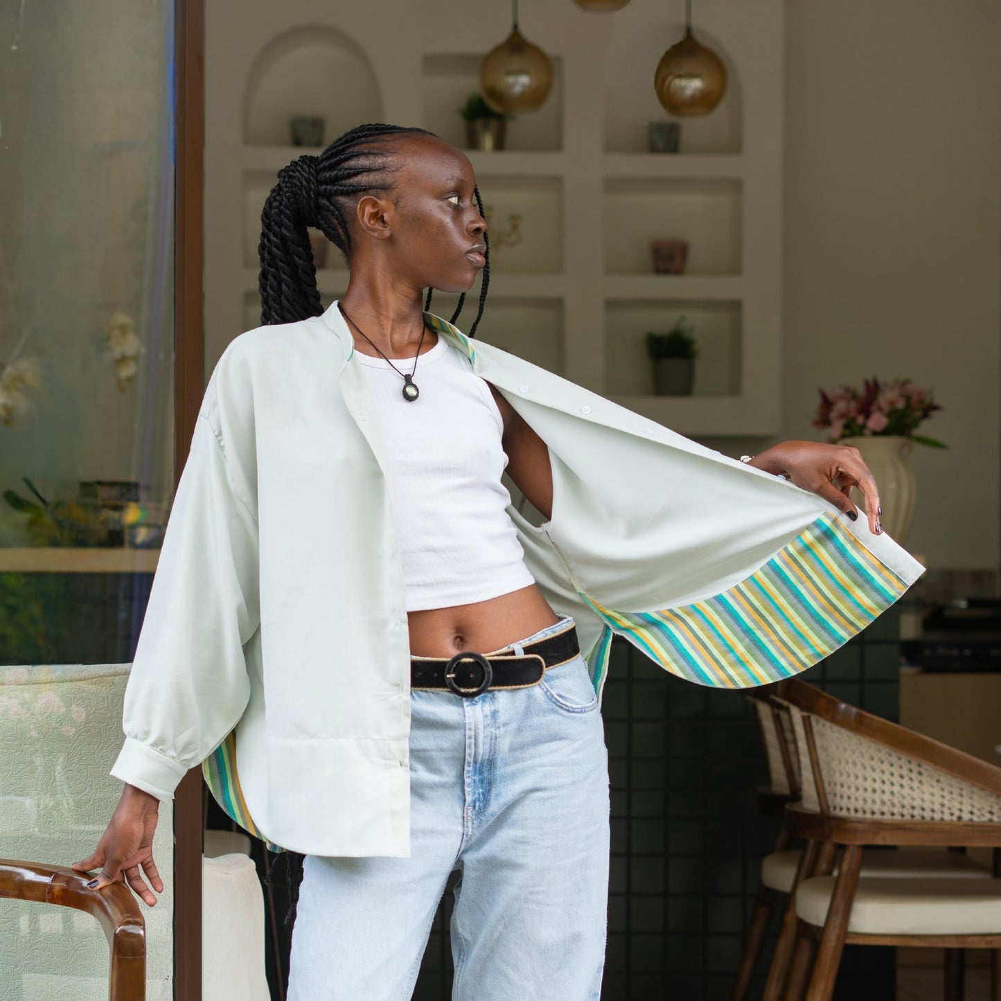 Classic Oversize Shirt with Contrast Panel - Soft Sage