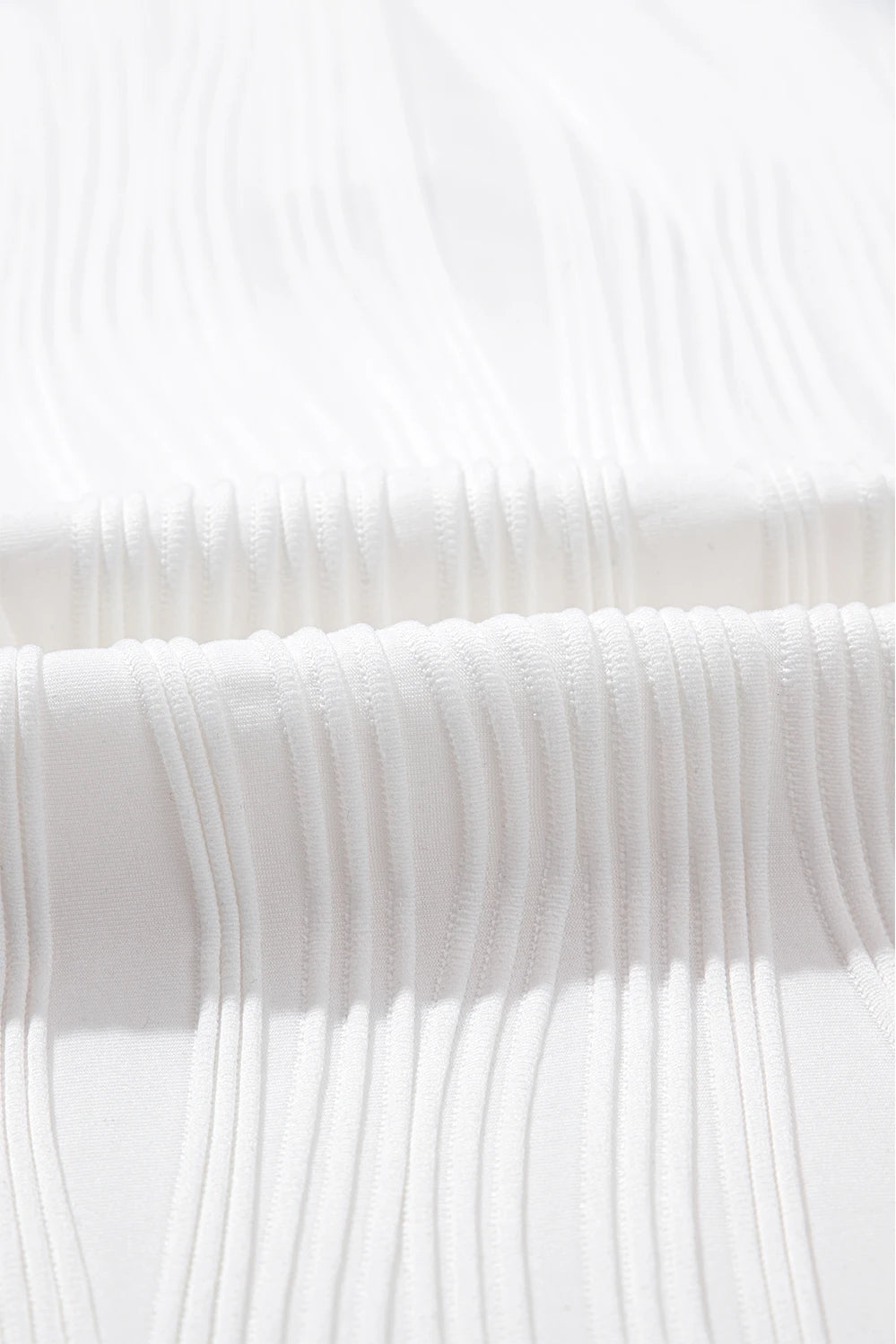 White Wavy Textured Button V Neck Tee