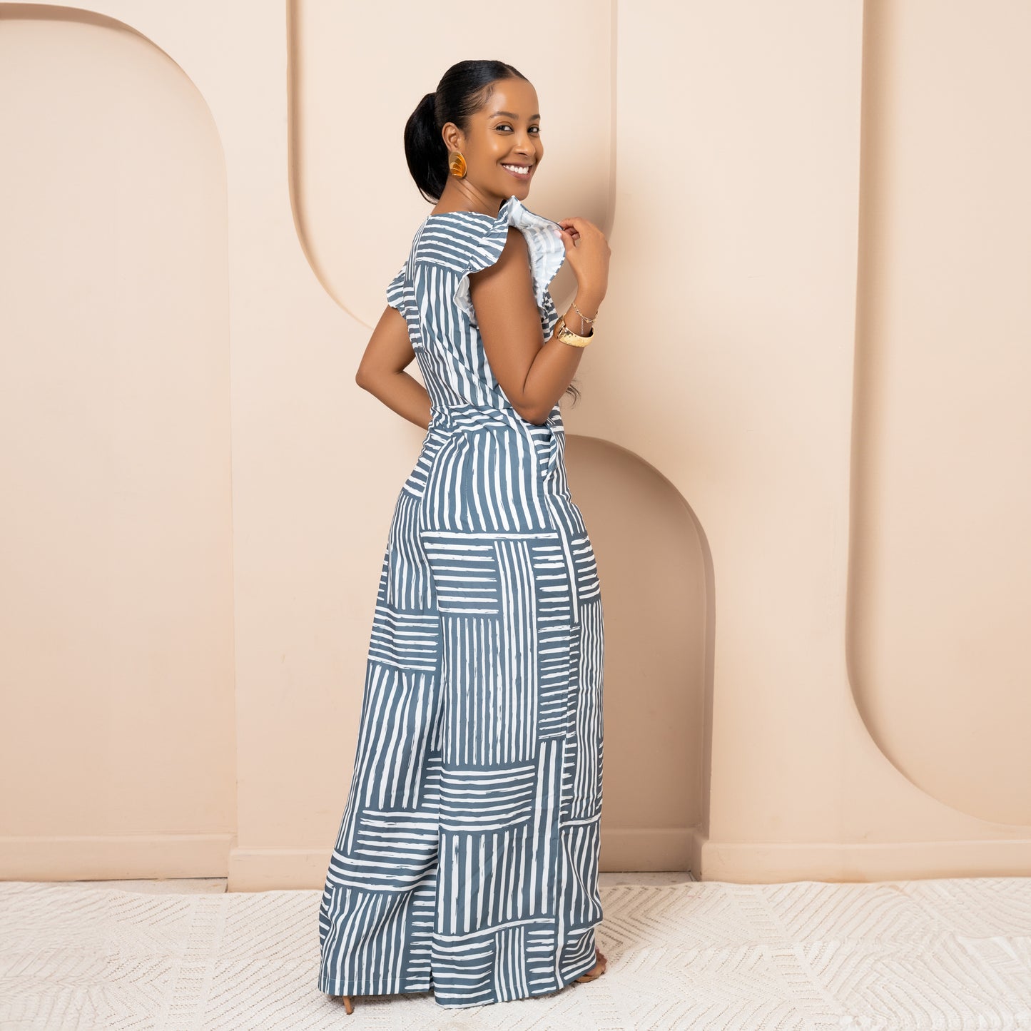 Nia Wide Leg Flutter Sleeve Jumpsuit - Cool Sage Mixed Stripe
