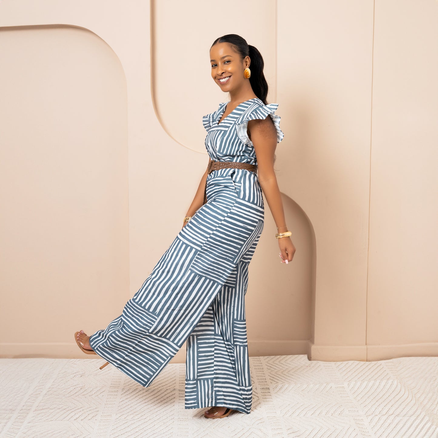 Nia Wide Leg Flutter Sleeve Jumpsuit - Cool Sage Mixed Stripe