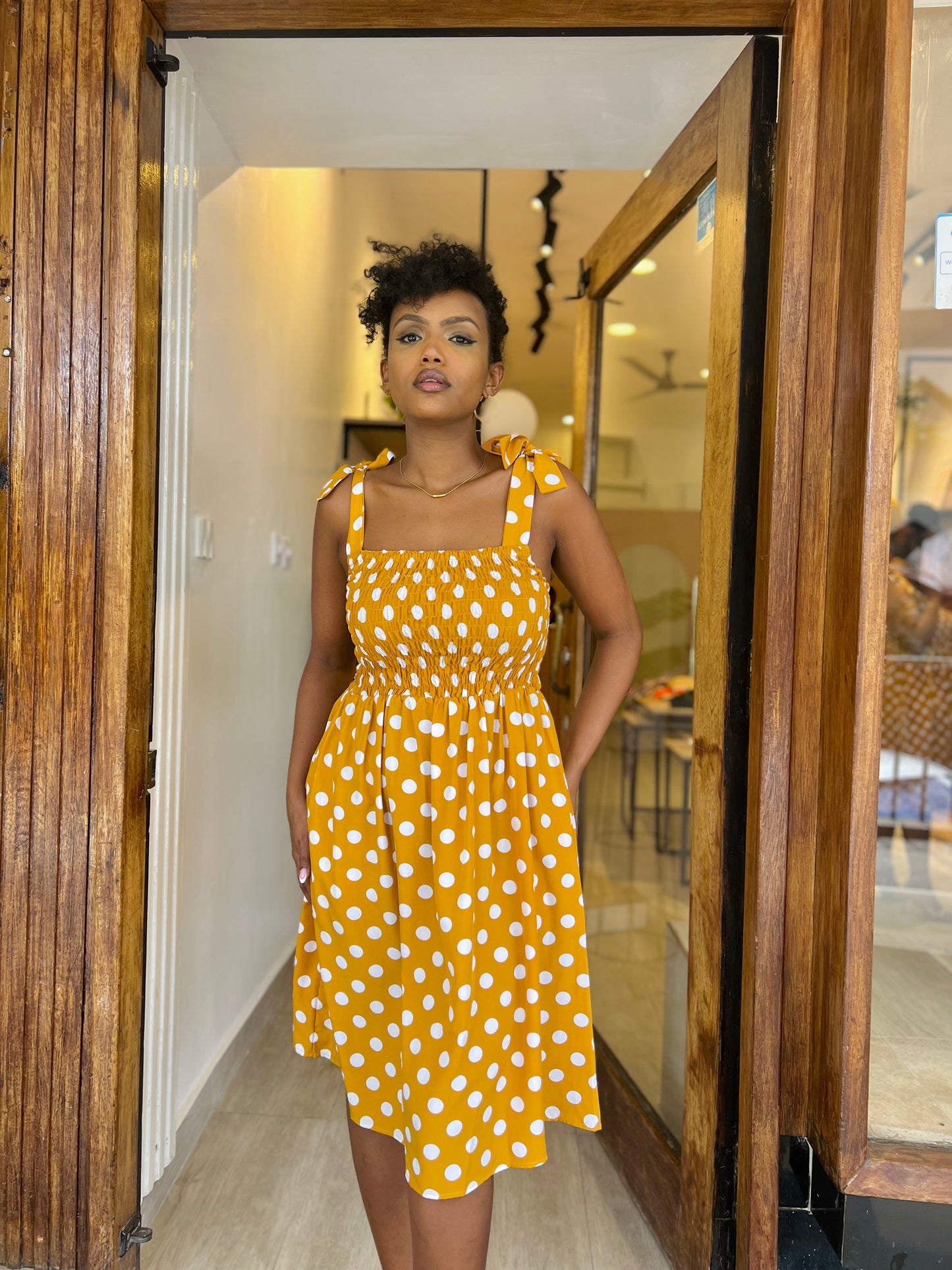 Mustard Polka Dot Midi Dress