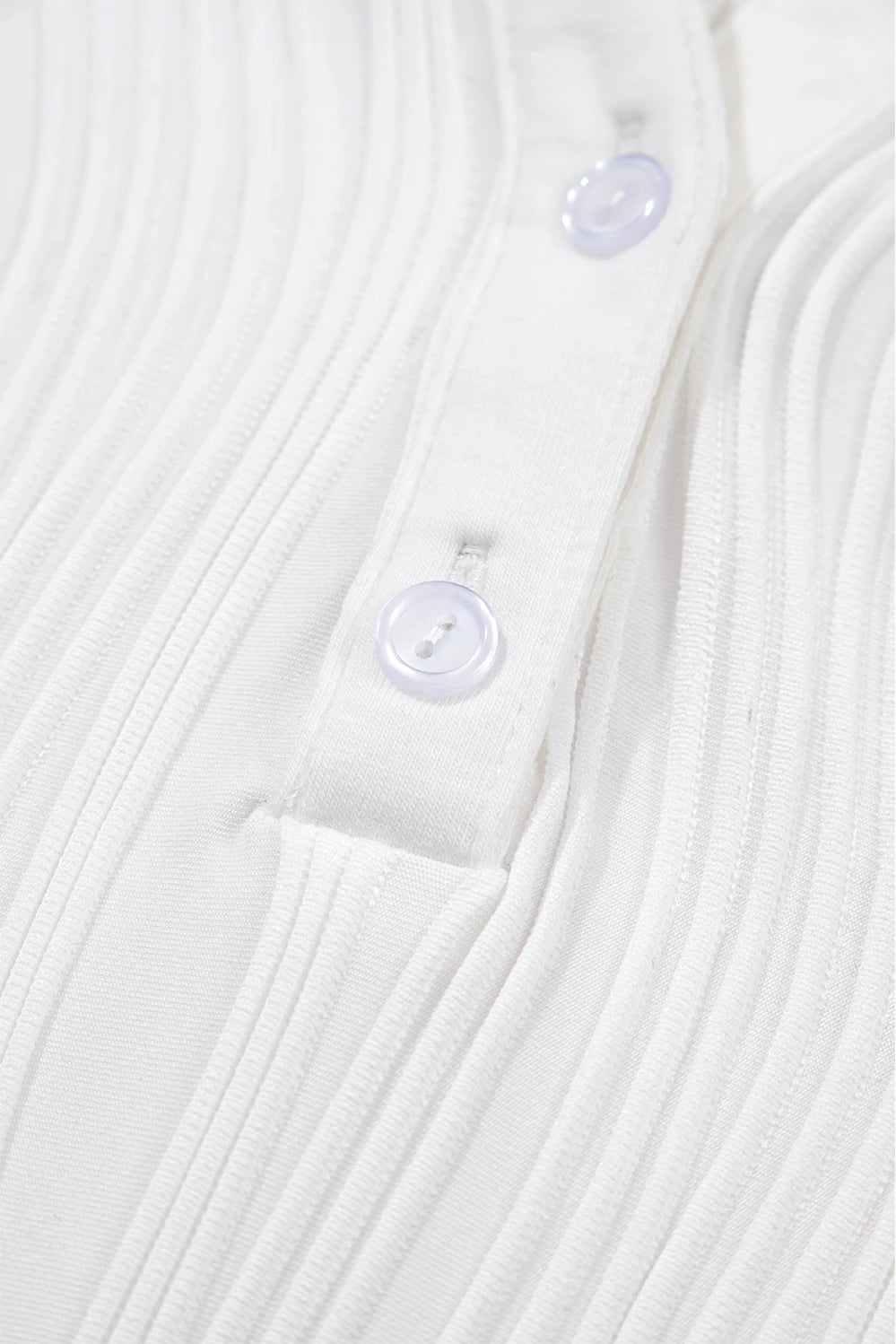 White Wavy Textured Button V Neck Tee