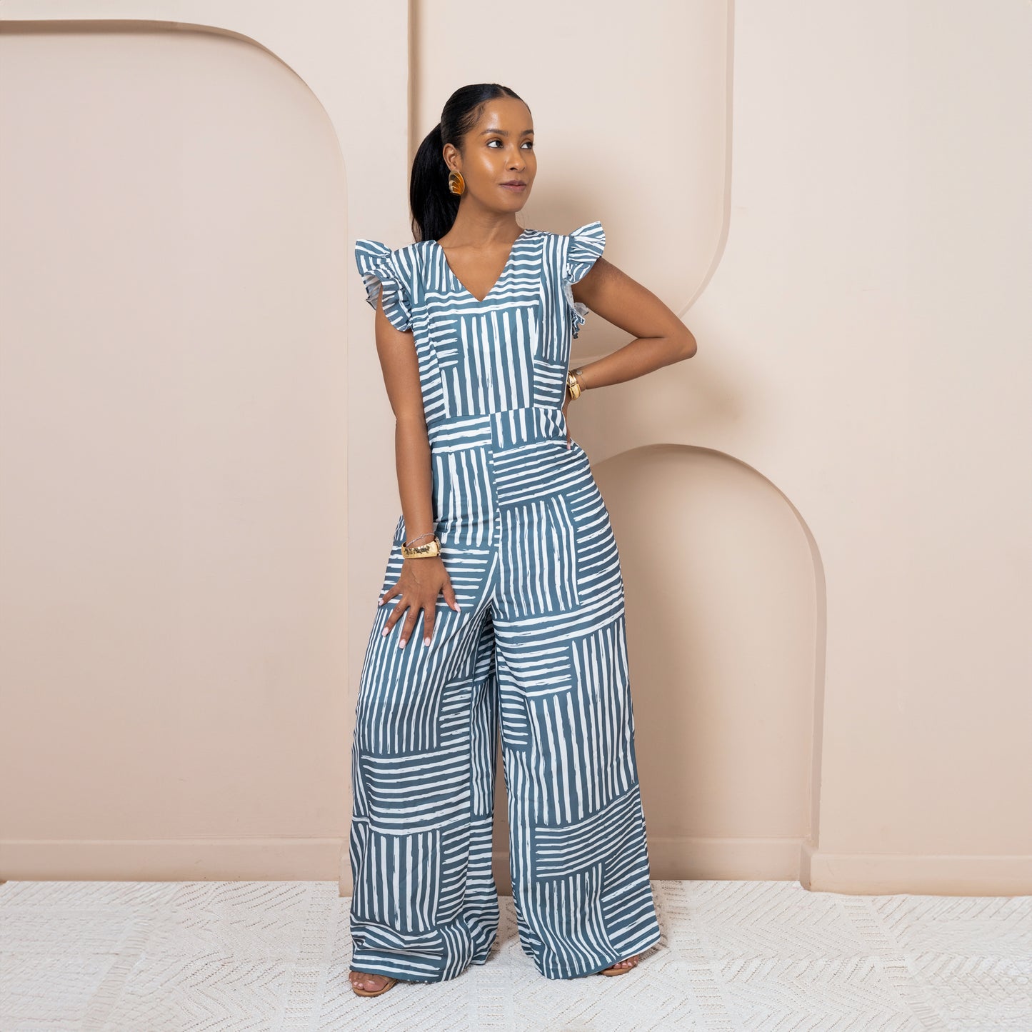 Nia Wide Leg Flutter Sleeve Jumpsuit - Cool Sage Mixed Stripe