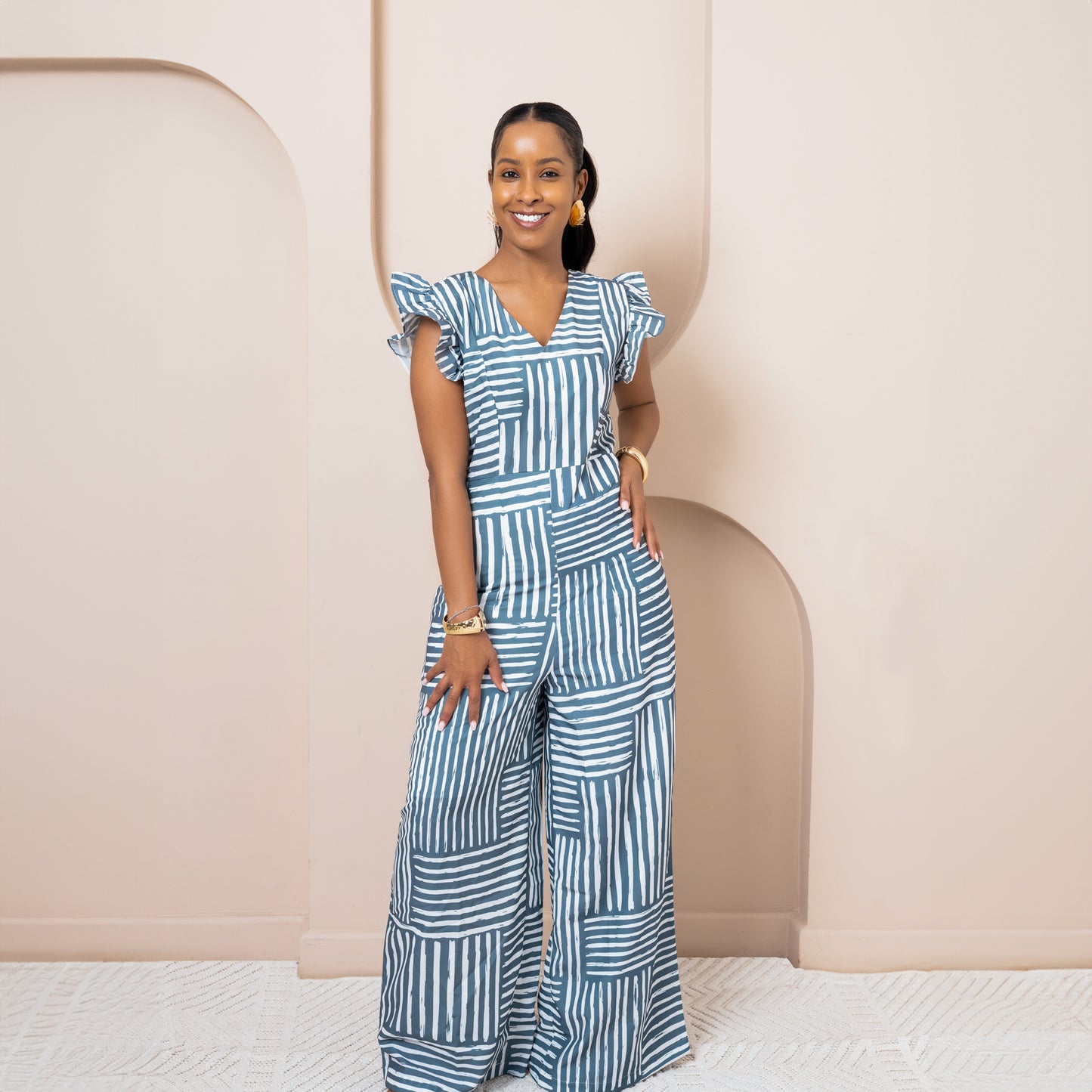 Nia Wide Leg Flutter Sleeve Jumpsuit - Cool Sage Mixed Stripe