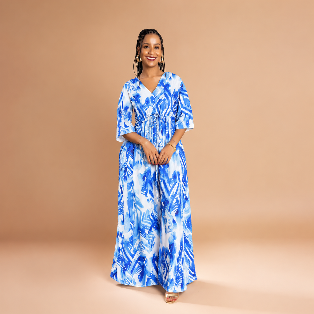 3/4 Sleeve Front Slit Maxi - Blue Tie-Dye