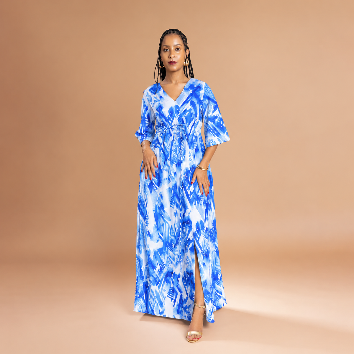 3/4 Sleeve Front Slit Maxi - Blue Tie-Dye
