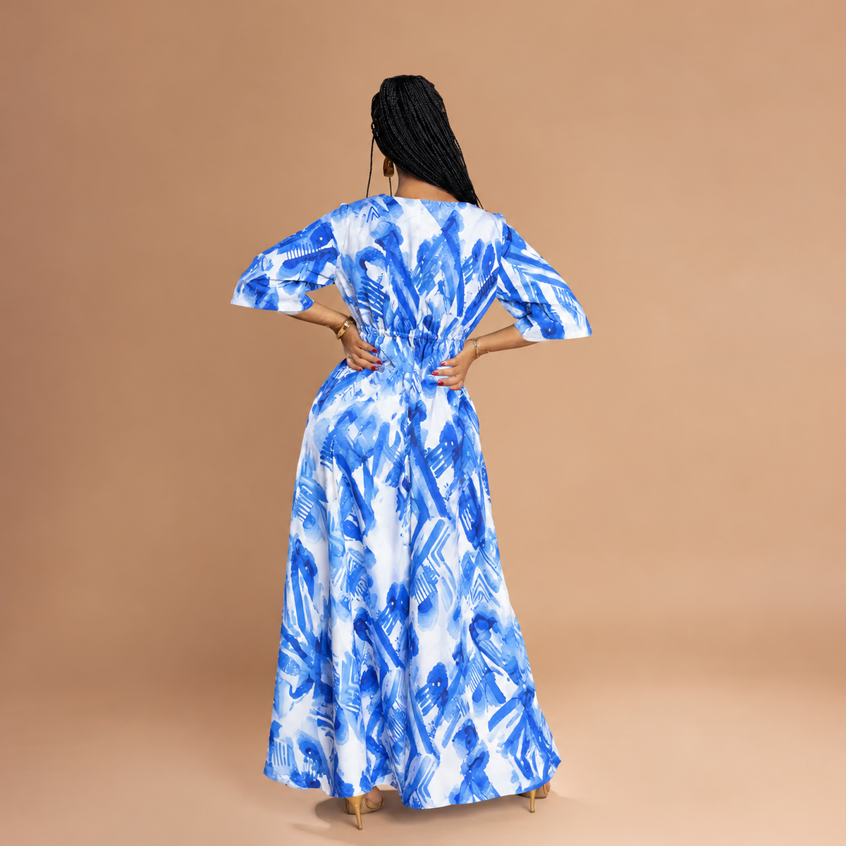 3/4 Sleeve Front Slit Maxi - Blue Tie-Dye