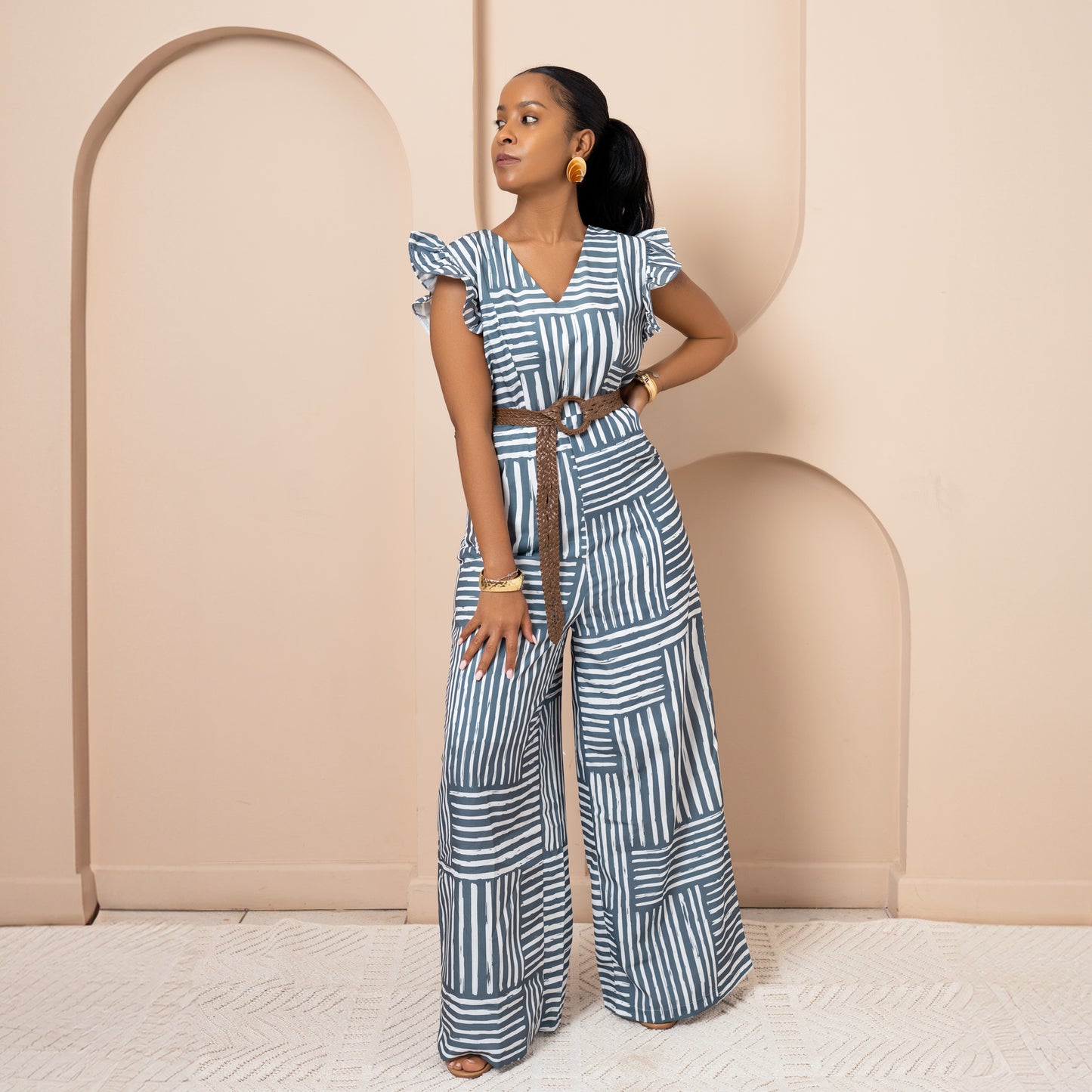 Nia Wide Leg Flutter Sleeve Jumpsuit - Cool Sage Mixed Stripe
