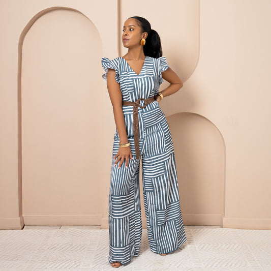 Nia Wide Leg Flutter Sleeve Jumpsuit - Cool Sage Mixed Stripe