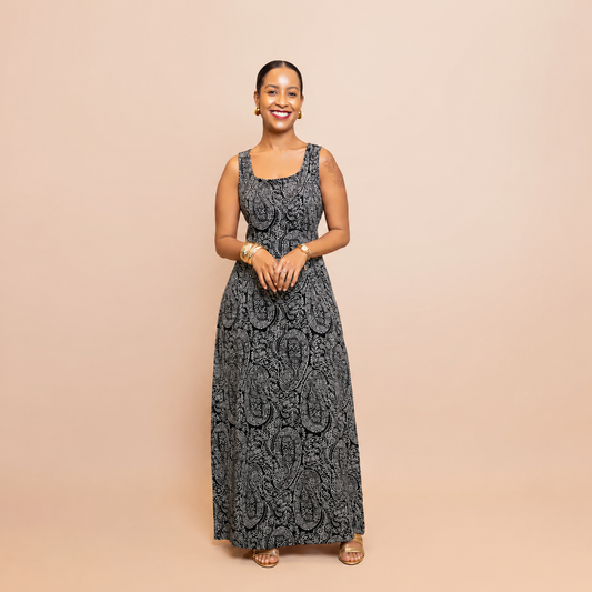 Square-Neck Sleeveless Maxi Dress - Black Paisely Print