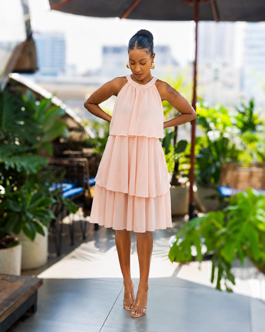 Layered Halter Short Dress - Baby Pink
