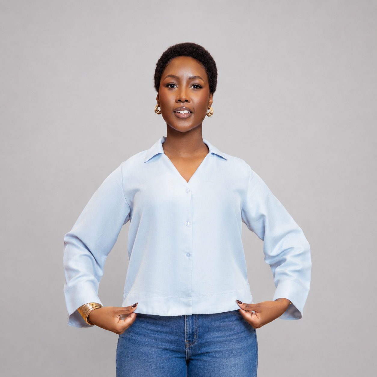 Long Sleeve Buttoned Blouse - Powder Blue