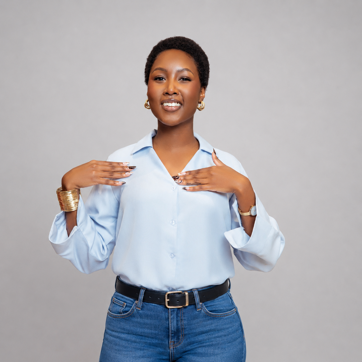 Long Sleeve Buttoned Blouse - Powder Blue